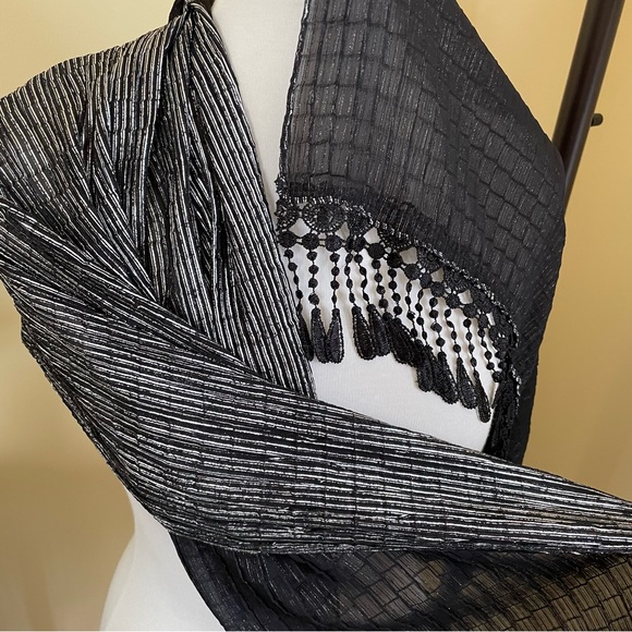 Black and Metallic Silver Scarf with Embroidered Lace Fringe - Picture 3 of 5